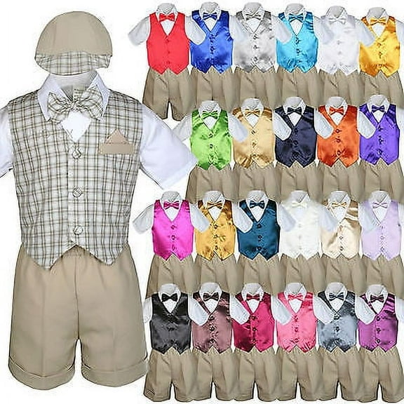 Baby Boy Toddler Formal Khaki Vest Shorts Check Suit Extra Bow Tie 7pc Set S-4T