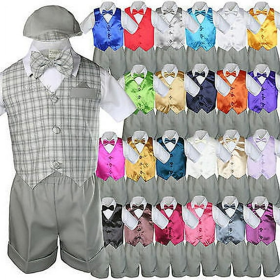 Baby Boy Toddler Formal Silver Vest Gray Shorts Suit Extra Bow Tie 7pc Set S-4T