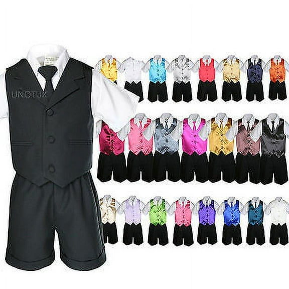 Baby Boy Toddler Formal Vest Shorts 6pc Set Suit Vest Necktie 23 Color Pick S-4T
