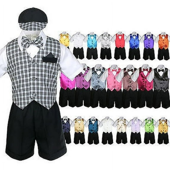Baby Boy & Toddler Formal Vest Shorts Check Suit Extra Vest BowTie 7pc Set S-4T