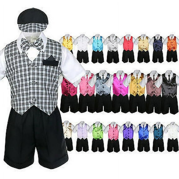 Baby Boy & Toddler Formal Vest Shorts Check Suit Extra Vest Necktie 7pc Set S-4T