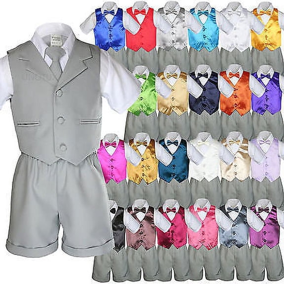 Baby Boy Toddler Formal Vest Shorts Gray 6 Piece Set Suit Bow Tie 23 Color S-4T