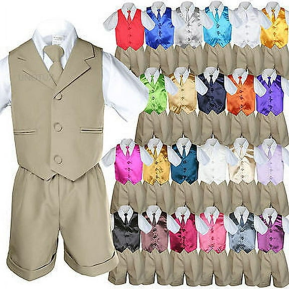 Baby Boy Toddler Formal Vest Shorts Khaki 6 Piece Set Suit Necktie 23 Color S-4T