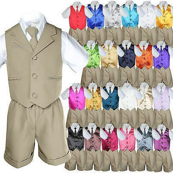 Baby Boy Toddler Formal Vest Shorts Khaki 6 Piece Set Suit Necktie 23 Color S-4T
