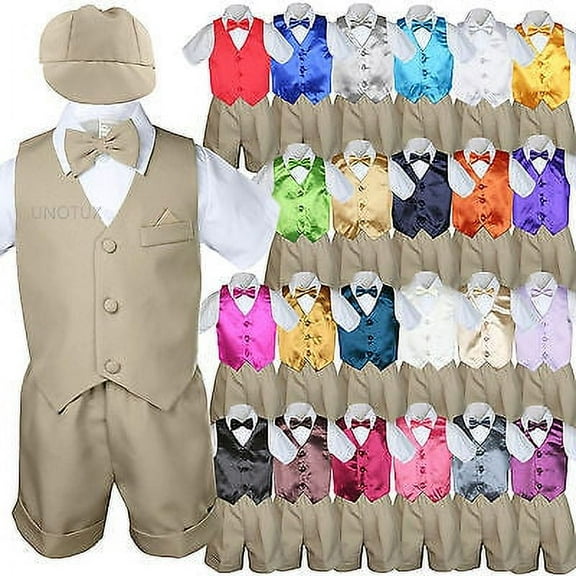 Baby Boy & Toddler Formal Vest Shorts Khaki Suit Extra Vest Bow Tie 7pc Set S-4T