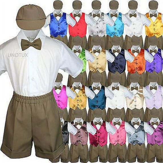 Baby Boy Toddler Formal Vest Shorts Suit Color Vest 5pc D Khaki Bow Tie Set S-4T
