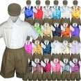 thumbnail image 1 of Baby Boy Toddler Formal Vest Shorts Suit Satin Vest Necktie 5pc D Khaki Set S-4T, 1 of 2