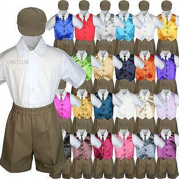 Baby Boy Toddler Formal Vest Shorts Suit Satin Vest Necktie 5pc D Khaki Set S-4T