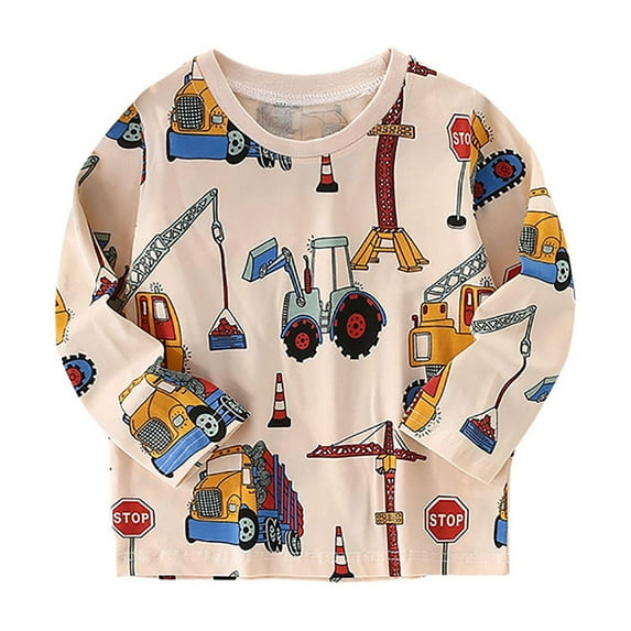 Baby Boy Tops Cartoon Print Cute Long Sleeve Shirts for Toddler Boys Crew Neck Preppy Tops Toddler Baby Boy Clothes Beige,6-7 Years