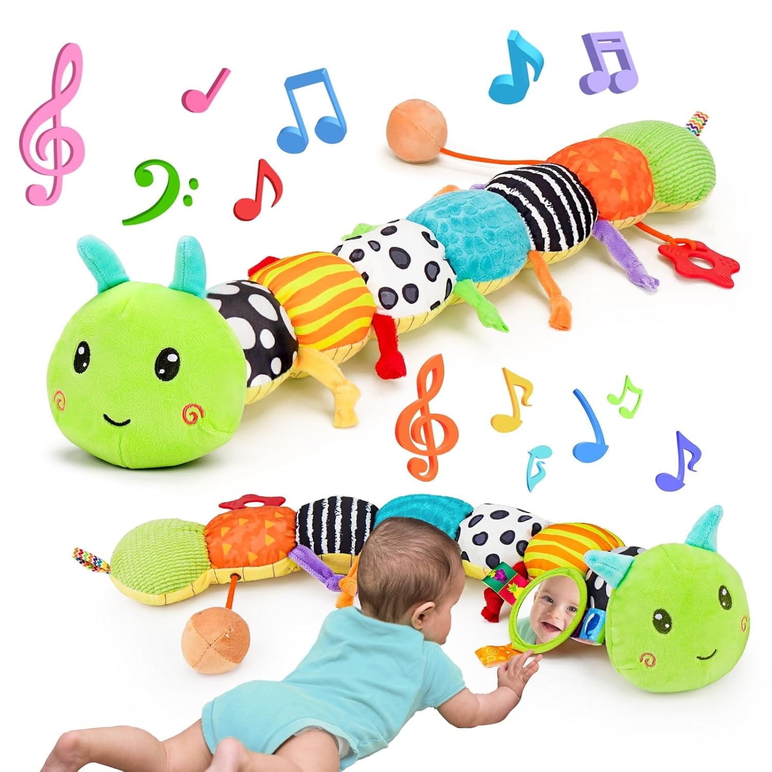 Baby Boy Toys 0-6 Months,Infant Musical Caterpillar Toys Stuffed Animals with Ruler Design,Mirror,Pull String&Ring Bell,Baby Boy Toys 6 to 12 Months,Infant 3 4 5 7 8 9 Months Old Baby Toys