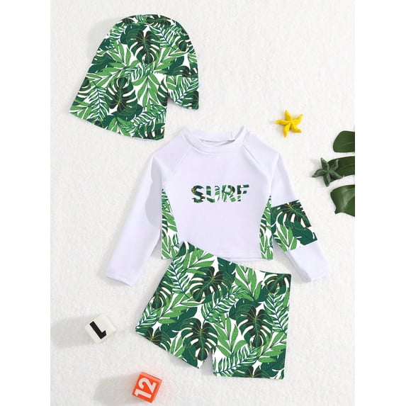 Baby Boy Tropical & Letter Graphic Raglan Sleeve Swimsuit