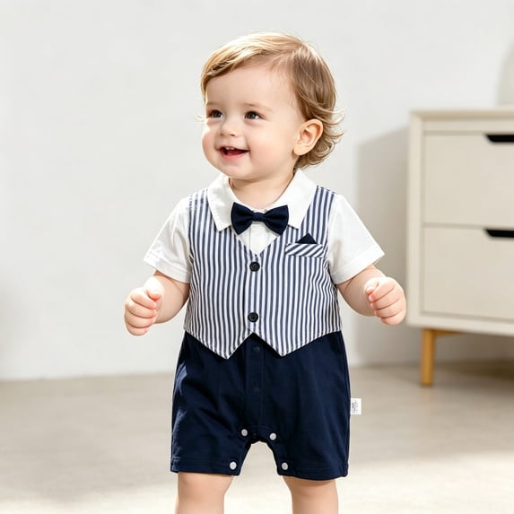 Baby Boy Tuxedo Romper Two-Piece Vest Style Jumpsuit with Bow Tie Formal Short Sleeve Outfit for Weddings & Baptisms Blue 12-18 Month