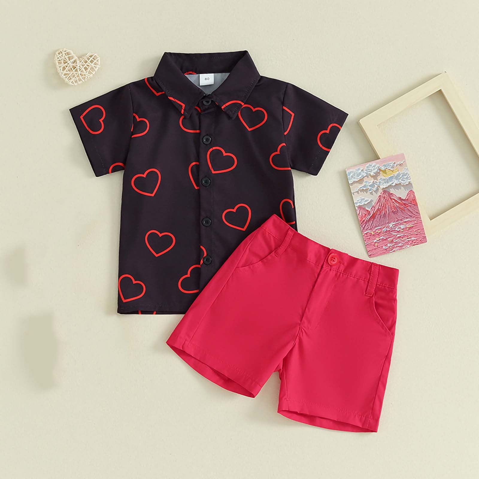 Summer Baby Kids Hearts Pattern T-shirt and Shorts Casual Blue Clothing Set for Boys and Girls