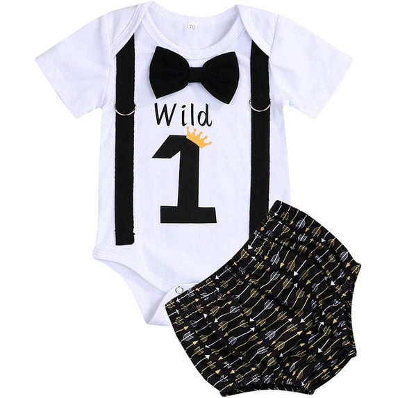 Baby Boy Wild One 1st Birthday Outfit Cake Smash Lion Bowtie Romper + Shorts Photo Shoot (9-12m)