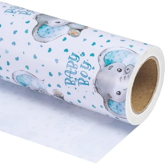 Baby Boy Wrapping Paper - Mini Roll 17 Inch X 33 Feet Adorable Blue Elephant Design for Shower, Party, Holiday