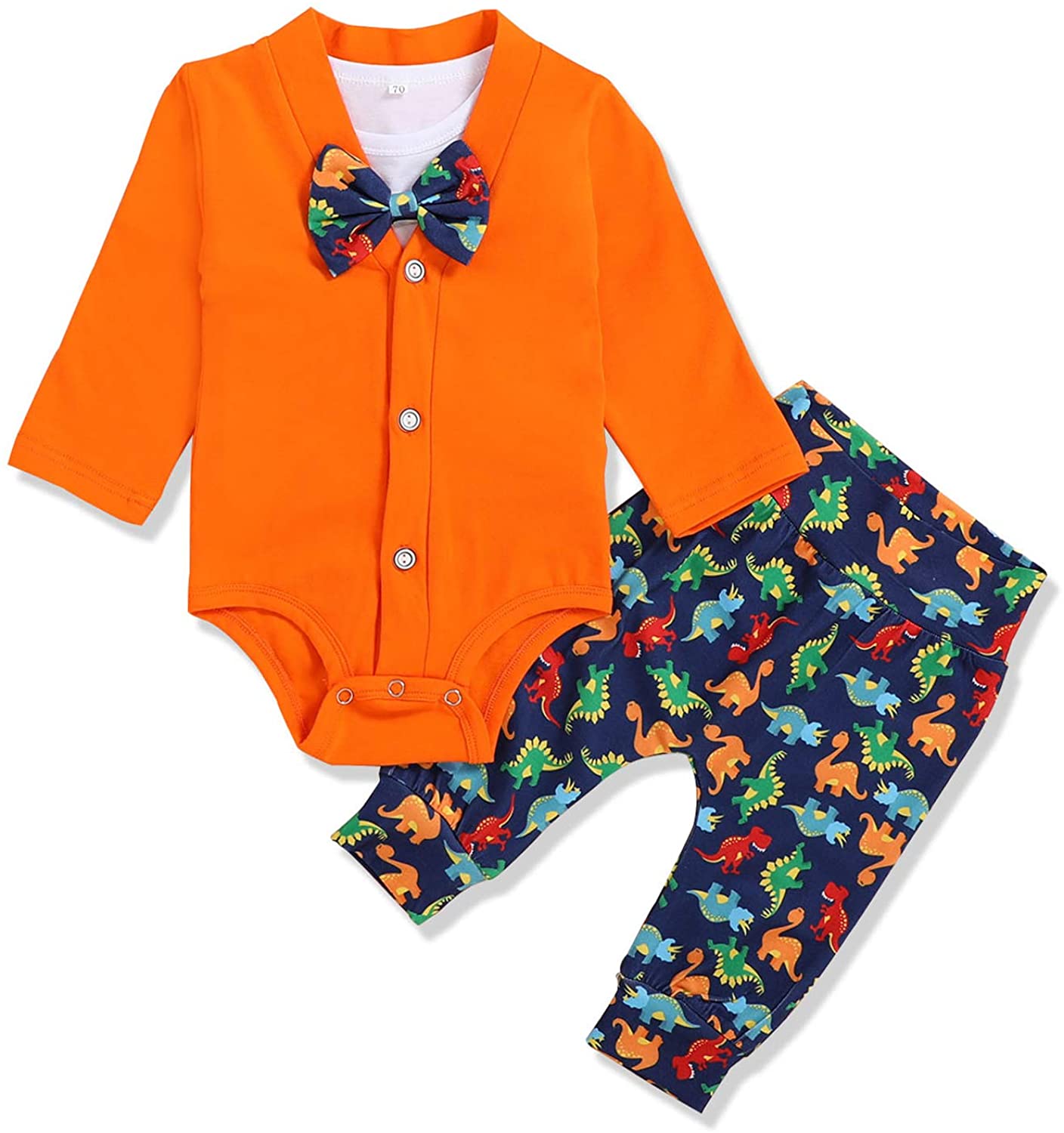 Baby Boy dinosaur Outfits Infant Boy Gentleman Bowtie Romper+Orange