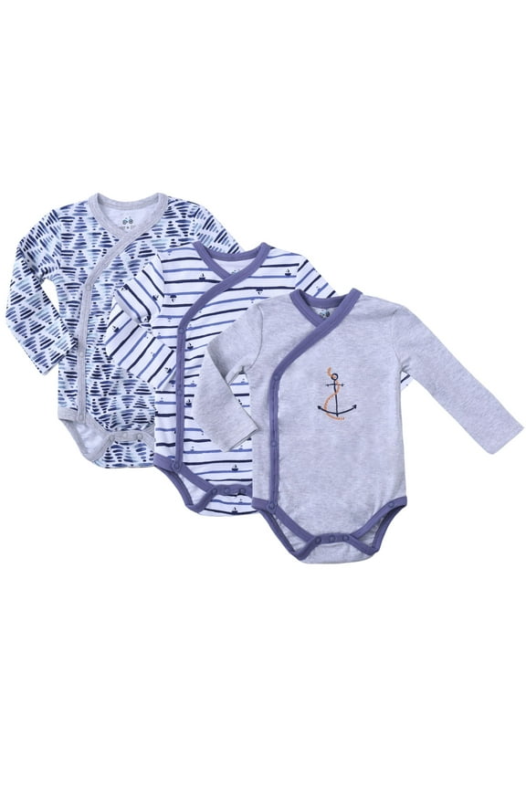 Baby Boy's 3-Pack Long-Sleeve Kimono Bodysuit Set -Side Snap Onesie Infant Bundle