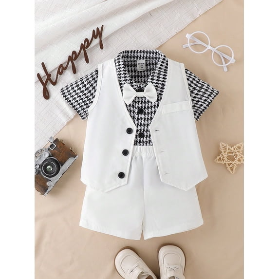 Baby Boy's Elegant Butterfly-Tie, Houndstooth Pattern Short Sleeve Shirt And Single-Breasted Vest, Shorts Three-Piece Set For Summer