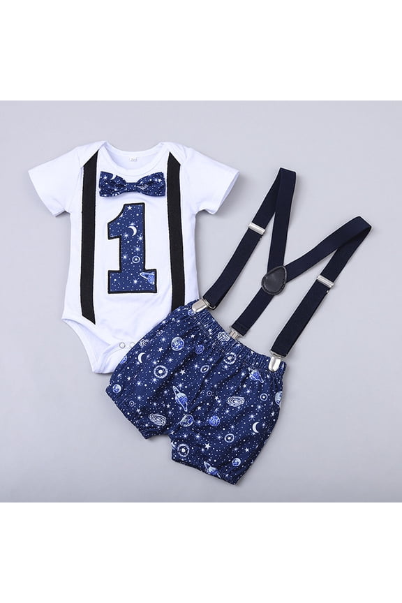 Baby Boys 1st Birthday Party Outfit Bowtie Letter Print Romper and Suspenders Shorts 2 Piece Gentleman Suit