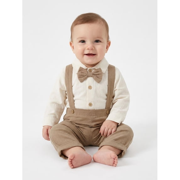 Baby Boys 2PCS Outfit Sets Long Sleeve Lapel Button Up Romper Solid Color Suspender Pants Sets