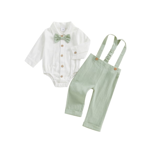 Baby Boys 2PCS Outfit Sets Long Sleeve Lapel Button Up Romper Solid Color Suspender Pants Sets