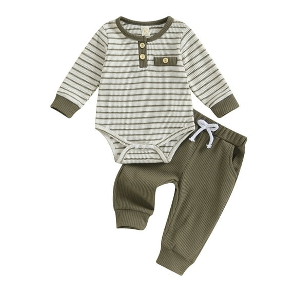 Baby Boys 2PCS Pants Sets 3 6 12 18M Long Sleeve Striped Romper and Solid Color Pants Sets