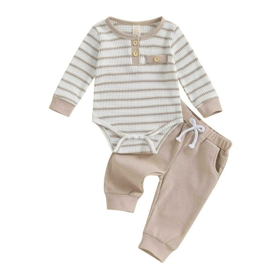 Baby Boys 2PCS Pants Sets 3 6 12 18M Long Sleeve Striped Romper and Solid Color Pants Sets