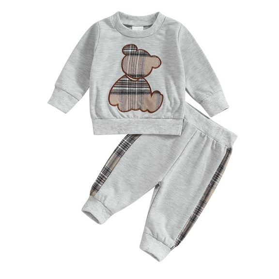 Baby Boys 2PCS Pants Sets Long Sleeve Bear Embroidery Sweatshirt Tops and Casual Pants Sets