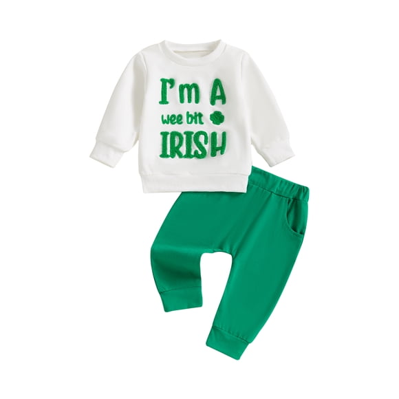 Baby Boys 2Pcs Spring Outfits 6 12 18 24 Months 2T 3T Toddler Boy Irish Clothes Long Sleeve Clover Embroidery Sweatshirt + Pants Set