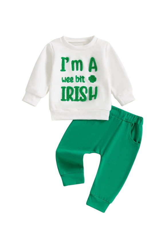 Baby Boys 2Pcs Spring Outfits 6 12 18 24 Months 2T 3T Toddler Boy Irish Clothes Long Sleeve Clover Embroidery Sweatshirt + Pants Set