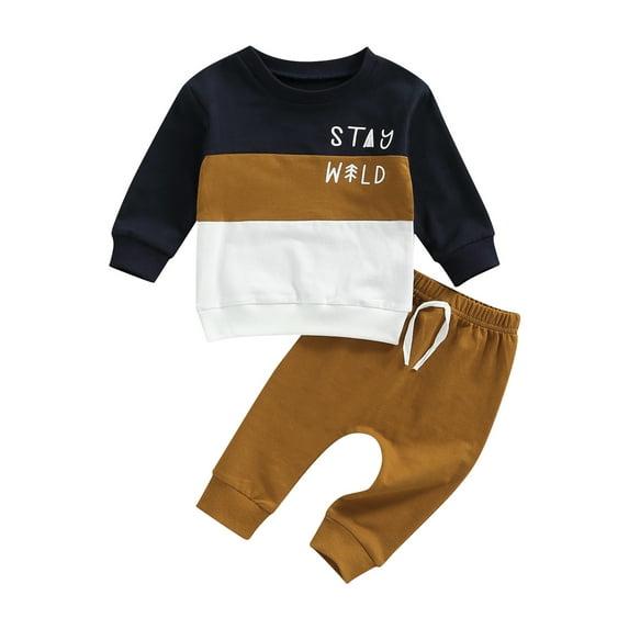 Baby Boys Autumn Outfit Sets Long Sleeve O Neck Patchwork Pullover + Solid Color Drawstring Pants