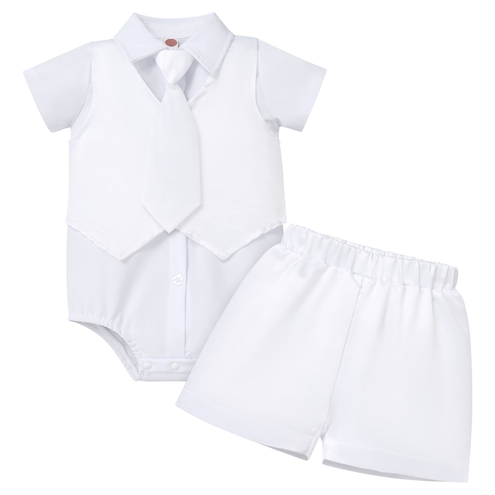 Baby Boys Baptism Christening Outfits Gentleman Formal Suit Bowtie Romper Vest Shorts Pants White Wedding Tuxedo Party Outfits First Birthday Cake Smash Clothes 4PCS Set (White Necktie, 6-12 Months)