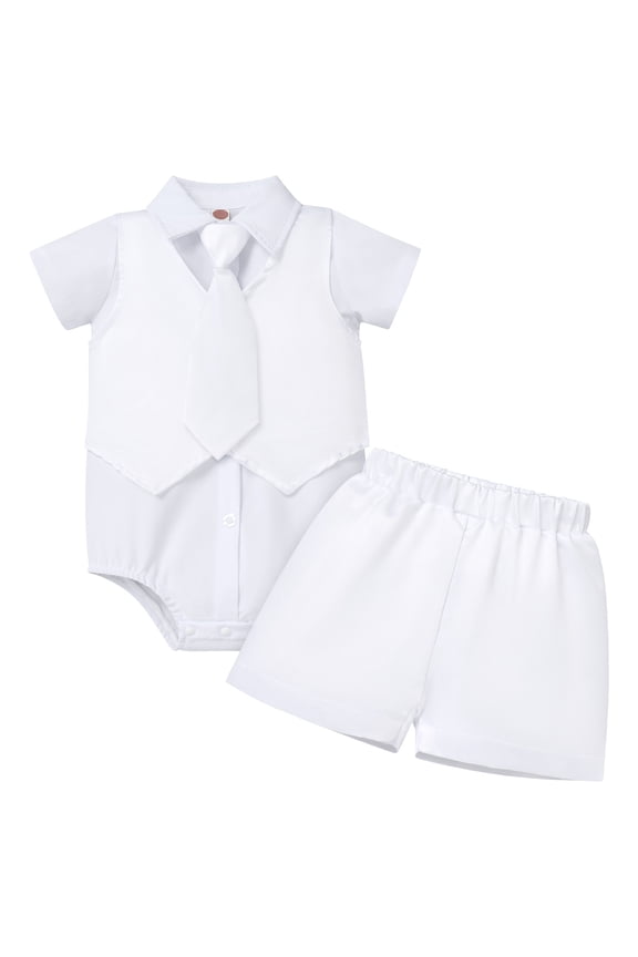 Baby Boys Baptism Christening Outfits Gentleman Formal Suit Bowtie Romper Vest Shorts Pants White Wedding Tuxedo Party Outfits First Birthday Cake Smash Clothes 4PCS Set (White Necktie, 18-24 Months)