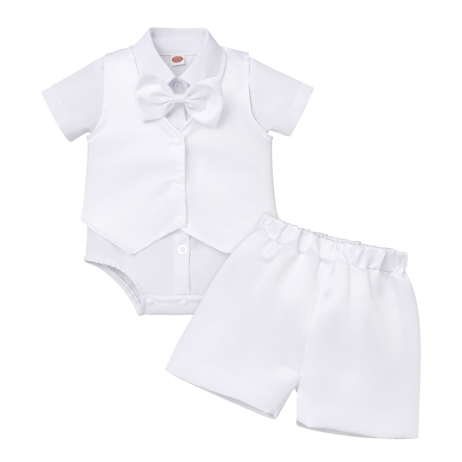 Baby Boys Baptism Christening Outfits Gentleman Formal Suit Bowtie Romper Vest Shorts Pants White Wedding Tuxedo Party Outfits First Birthday Cake Smash Clothes 4PCS Set (White Bowtie, 18-24 Months)