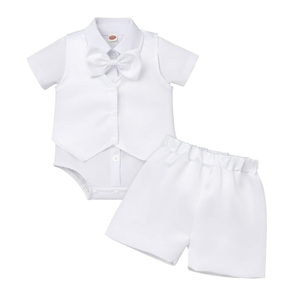 Baby Boys Baptism Christening Outfits Gentleman Formal Suit Bowtie Romper Vest Shorts Pants White Wedding Tuxedo Party Outfits First Birthday Cake Smash Clothes 4PCS Set (White Bowtie, 18-24 Months)