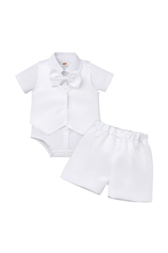 Baby Boys Baptism Christening Outfits Gentleman Formal Suit Bowtie Romper Vest Shorts Pants White Wedding Tuxedo Party Outfits First Birthday Cake Smash Clothes 4PCS Set (White Bowtie, 12-18 Months)