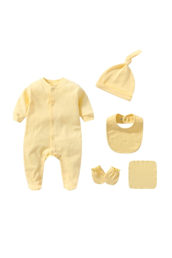 Baby Boys' Bodysuits 5 Piece Solid Print Long Sleeve Crew Neck Bodysuit with Cap Gloves And Accessories Casual Baby Boy Rompers Yellow 1 month-3 month