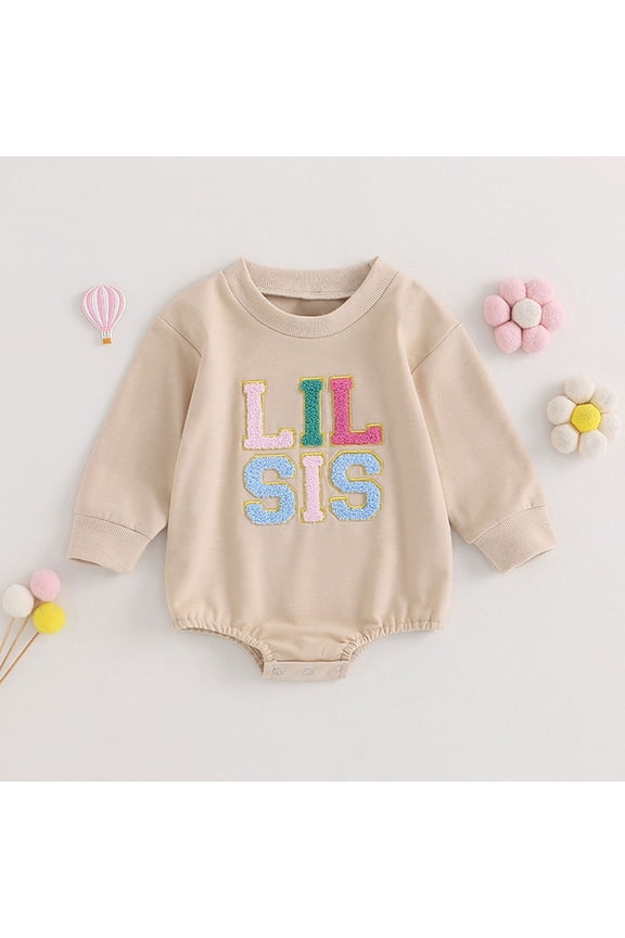 Baby Boys' Bodysuits Size 0-3M Kids Long Sleeve Round Neck Letter Lil Sis Embroidered Romper Short Creeper Wear Baby Rompers Boy