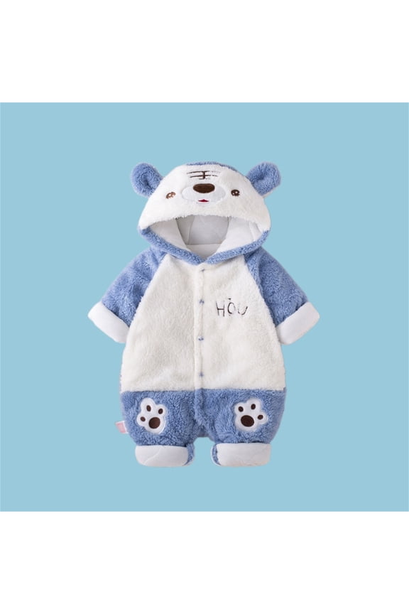 Baby Boys' Bodysuits Size 0-3M Kids Short Sleeve Hooded Collar Cartoon Tiger Thickened Romper Winter Warm Wear Baby Boy Romper