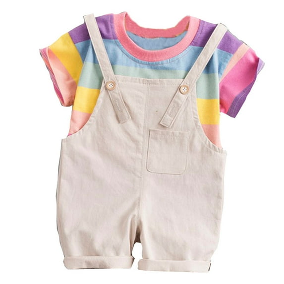 Baby Boys Casual Outfit Sets Kids Rainbow Striped Print Crew Neck Short Sleeve Rompers With Suspenders Shorts Two Piece Activewear,Beige,12-18 Months