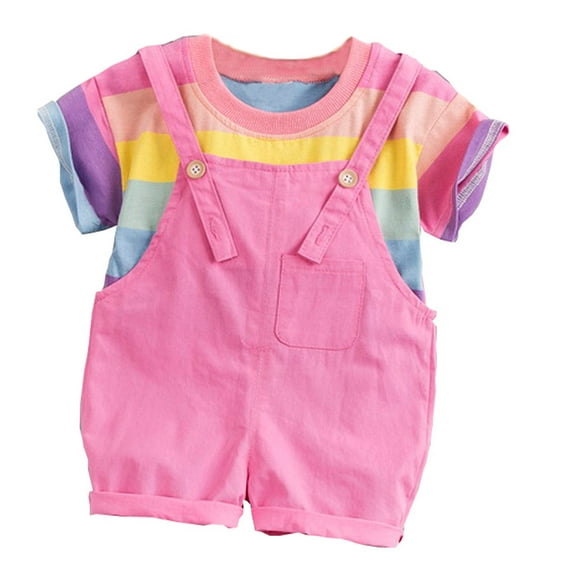 Baby Boys Casual Outfit Sets Kids Rainbow Striped Print Crew Neck Short Sleeve Rompers With Suspenders Shorts Two Piece Outwear,Pink,2-3 Years