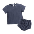 thumbnail image 1 of Baby Boys Casual Outfit Sets Linen Solid Color Crew Neck Short Sleeve T Shirt Summer Two Piece Tops And Shorts Daily-Wear,Blue,12-24 Months, 1 of 9