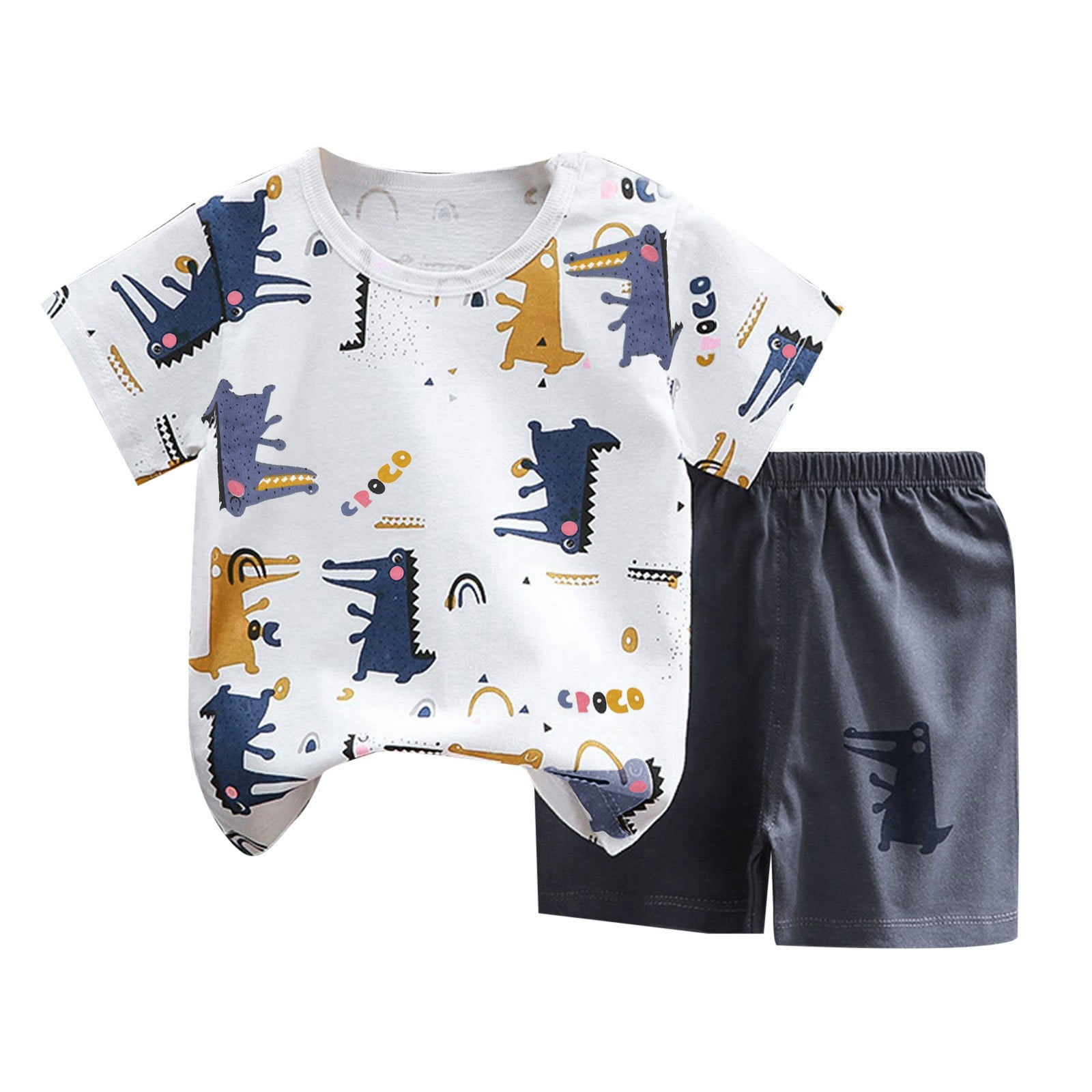 Summer Baby Kids Casual Animals Cartoon Pattern T-shirt and Shorts Clothing Set for Boys