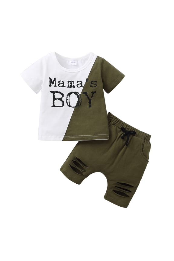 Baby Boys Clothes Baby Boys 2PCS Outfits 18-24 Months Boys Letter Print Short Sleeve Round Neckline Top Ripped Shorts Set Army Green