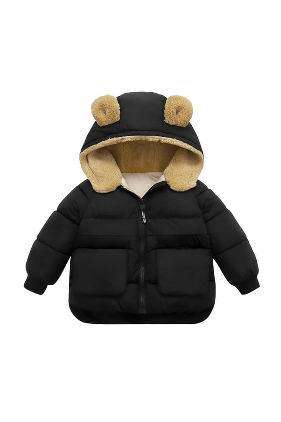 Baby Boys Coats Outdoor Jackets Toddler Clothes Kids Girls Winter Warm Solid Bear Ears Hooded Padded Outwear Children's Windbreakers Outfits For Kids 12 Months-18 Months Black