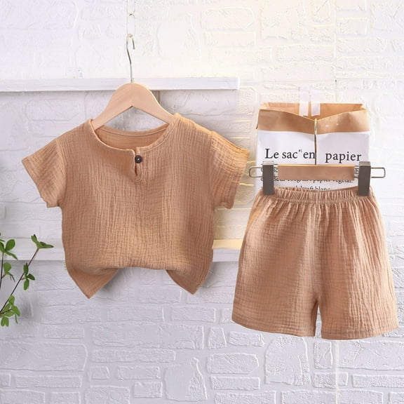 Baby Boys Cotton Linen Outfit Summer Clothes Solid Color Set Button Down Tops Short Sleeve Shorts Toddler Kids 2Pcs
