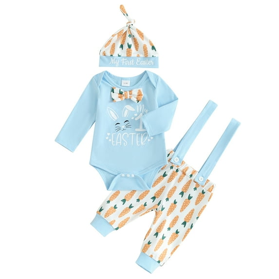 Baby Boys Easter Outfit Sets Long Sleeve Letter Bunny Print Romper Carrot Print Suspender Pants Hat Sets