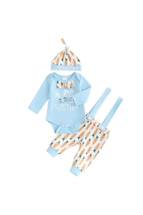Baby Boys Easter Outfit Sets Long Sleeve Letter Bunny Print Romper Carrot Print Suspender Pants Hat Sets