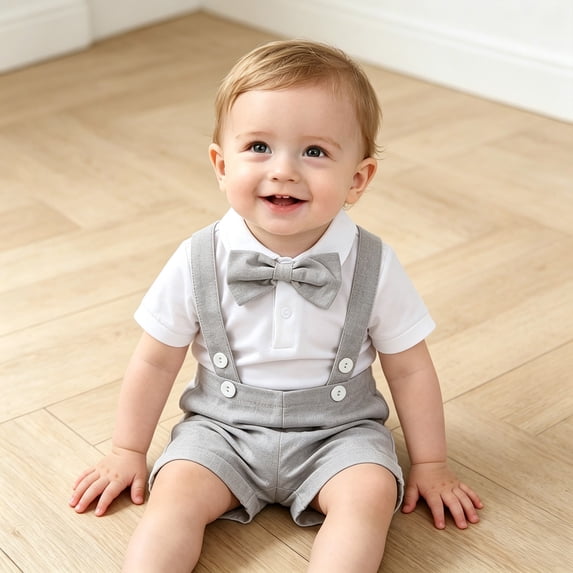 Sunshuilll Baby Boys Formal Suit Set Short Sleeve Romper Suspenders Shorts Pants Bowtie Wedding Tuxedo Outfits Clothes, 3-6 Months, Gray