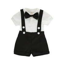 Baby Boys Formal Suit Set Short Sleeve Romper with Suspenders and Bowtie for Wedding Tuxedo Outfits and